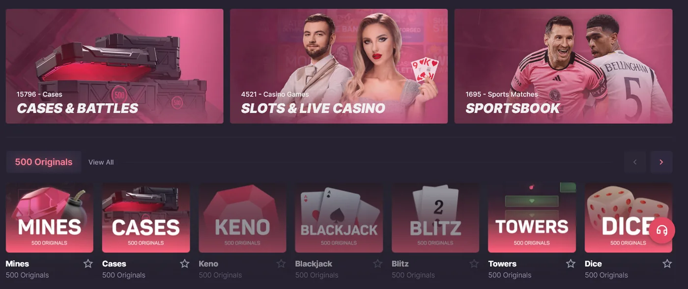 500 Casino games lobby showing slots, live casino and in-house CS2 game modes