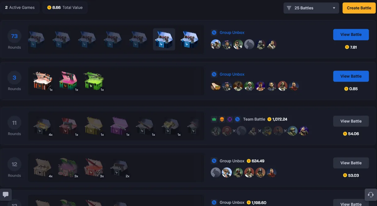 Chicken.gg battle lobby listing live Group Unbox and Team Battle lobbies including a 73-round battle and a 1,072-coin team battle