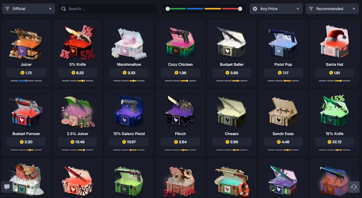 Chicken.gg case library with search, price filters and dozens of themed cases priced from about 1 to 23 coins