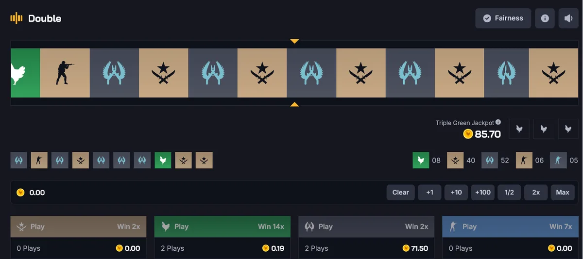 Chicken.gg Double wheel with 2x, 7x and 14x betting options and a Triple Green Jackpot counter