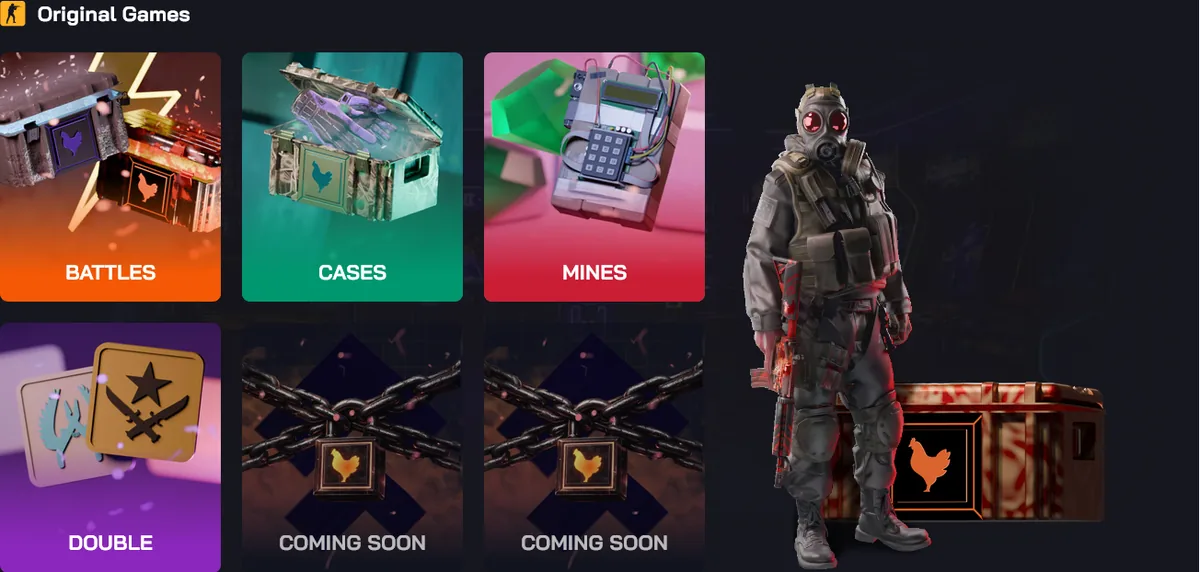 Chicken.gg Original Games hub showing Battles, Cases, Mines and Double tiles plus two locked coming-soon slots