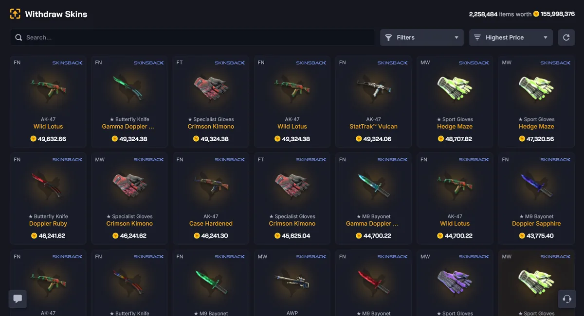 Chicken.gg skin withdrawal marketplace showing over 2.2 million items including high-tier knives and gloves