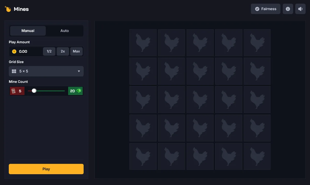 Chicken.gg Mines game with configurable grid size and mine count, and the Fairness verification button visible in the header