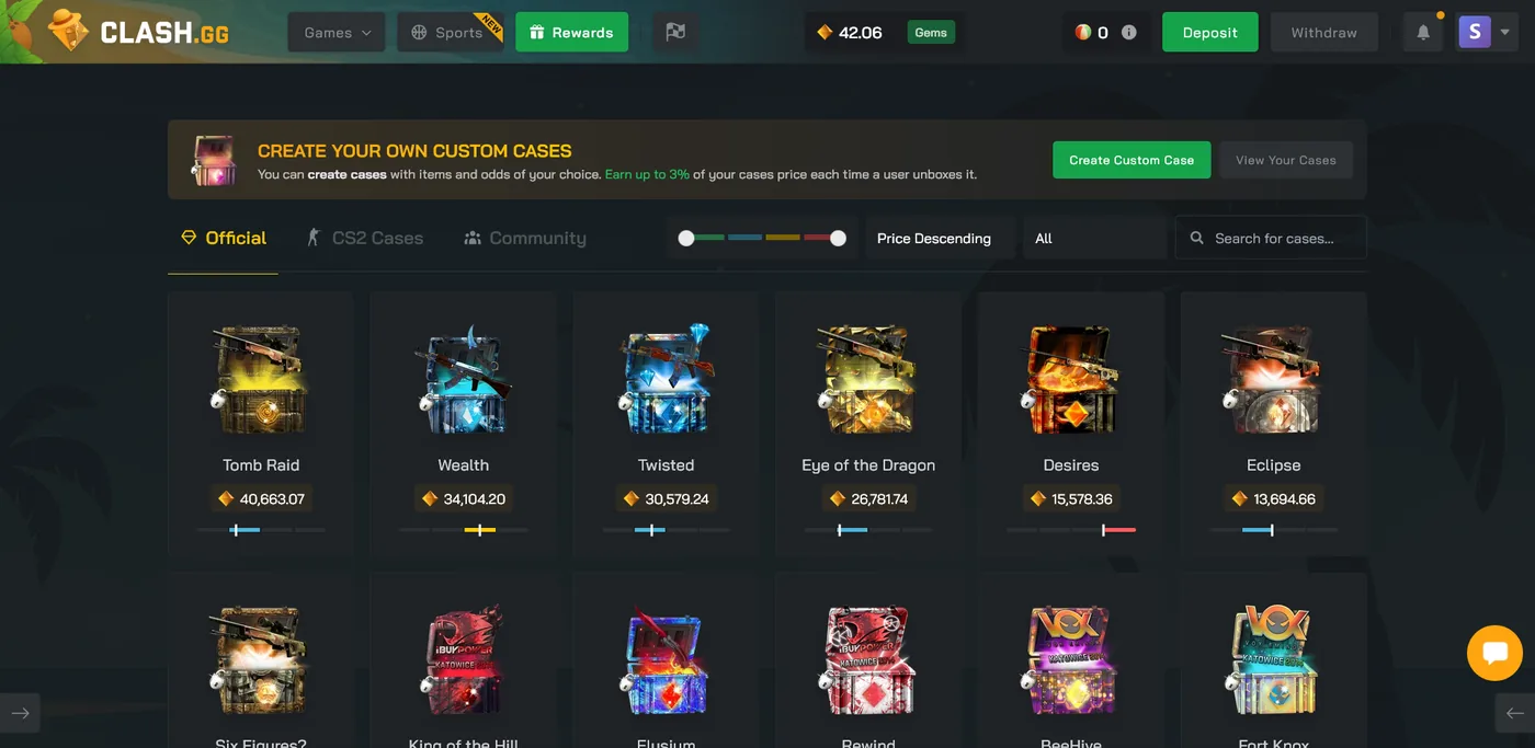 Clash.gg case opening screen featuring community-created CS2 cases