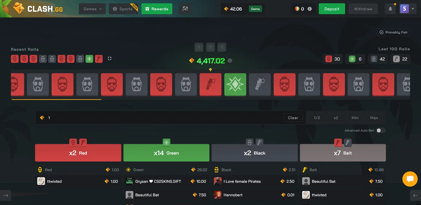 Clash.gg Double game, a roulette-style colour betting wheel