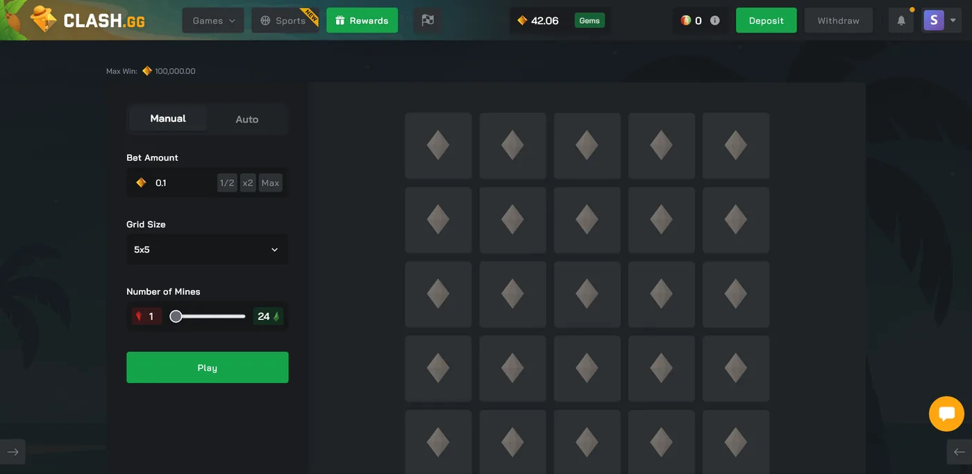 Clash.gg Mines game grid where safe tiles raise the payout and a bomb ends the round