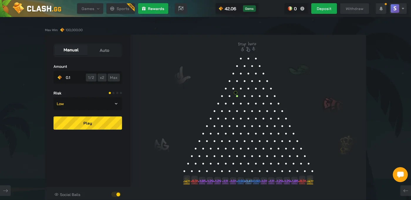 Clash.gg Plinko board dropping a chip through pegs into multiplier slots