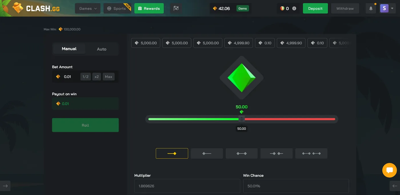 Clash.gg Roll game, a fast roulette-style tile mode