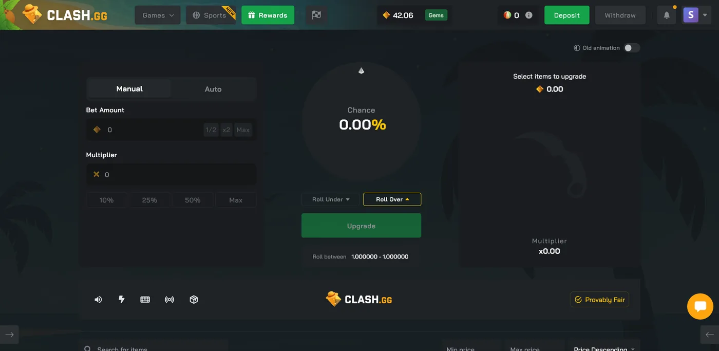 Clash.gg Upgrader gamble to trade a skin or balance up to a higher-value target item