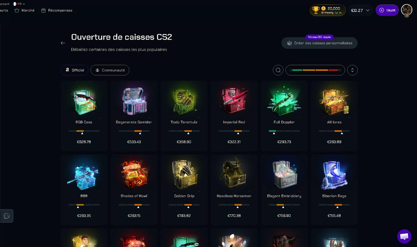 CS2Skin case-opening page showing official and community CS2 cases with rarity odds bars