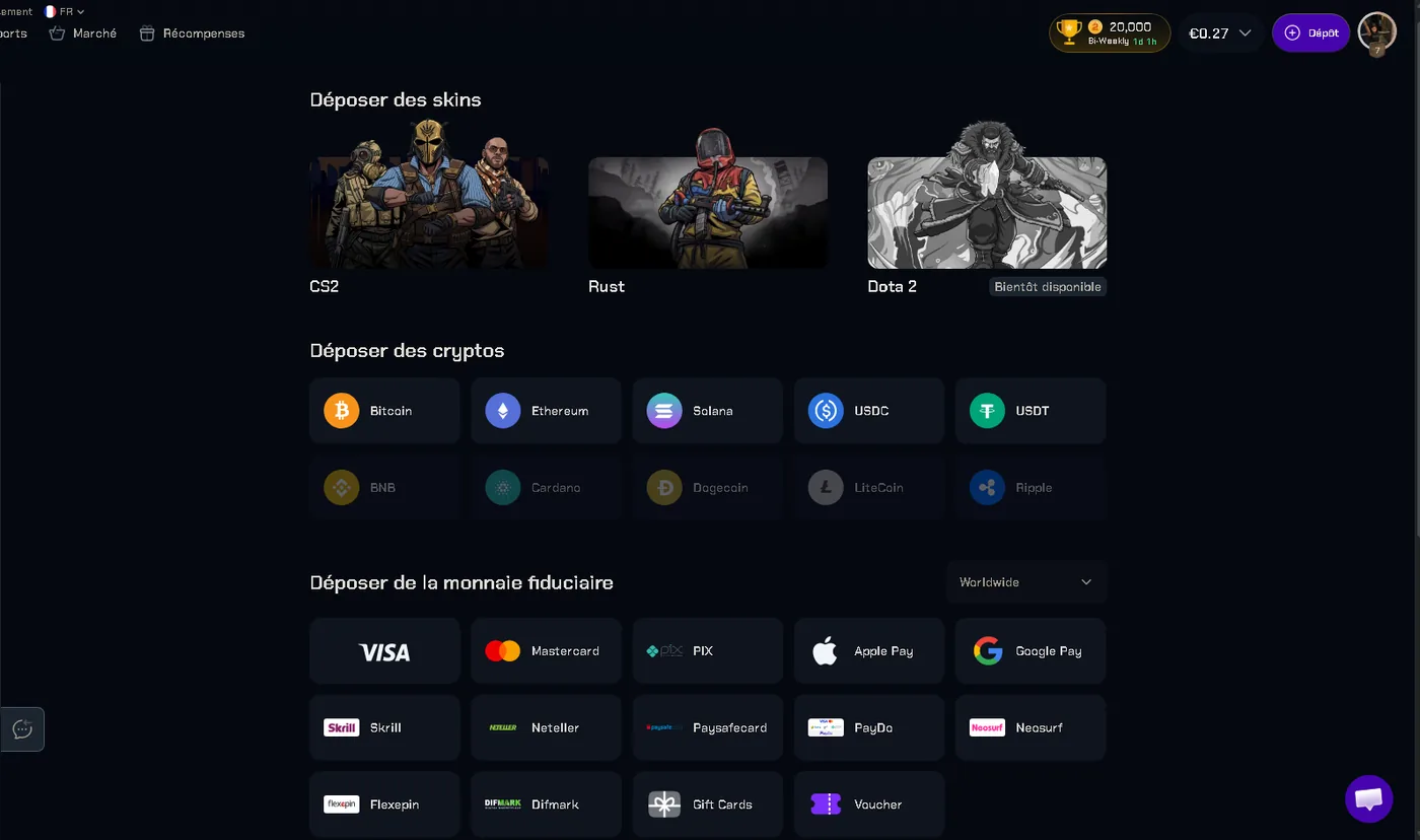 CS2Skin deposit page showing skin, cryptocurrency and fiat funding options including cards, Apple Pay, PIX and vouchers