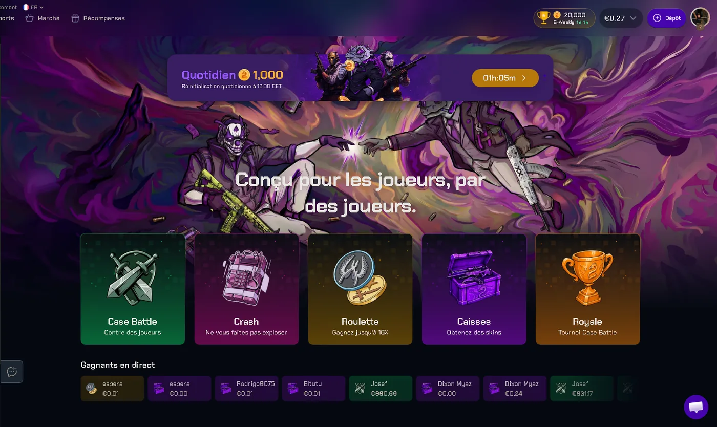 CS2Skin homepage showing the game-mode rail (Case Battle, Crash, Roulette, Cases, Royale) beneath a purple hero and a live winners feed