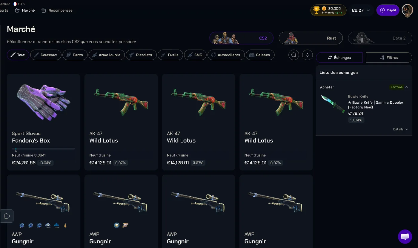 CS2Skin marketplace listing CS2 skins such as AK-47 Wild Lotus and Sport Gloves with price and markup percentages
