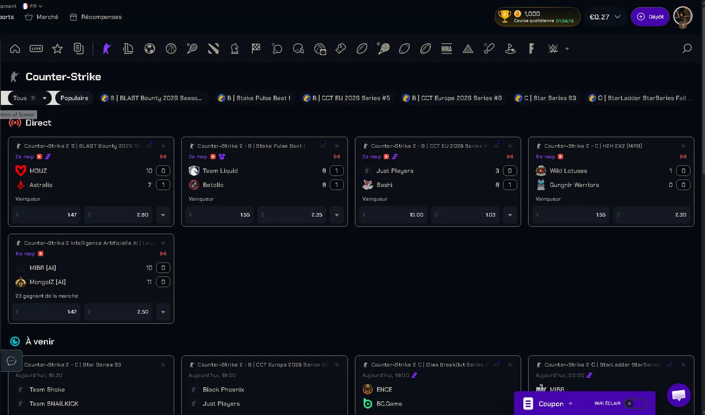 CS2Skin esports sportsbook powered by Betby showing live Counter-Strike matches and odds