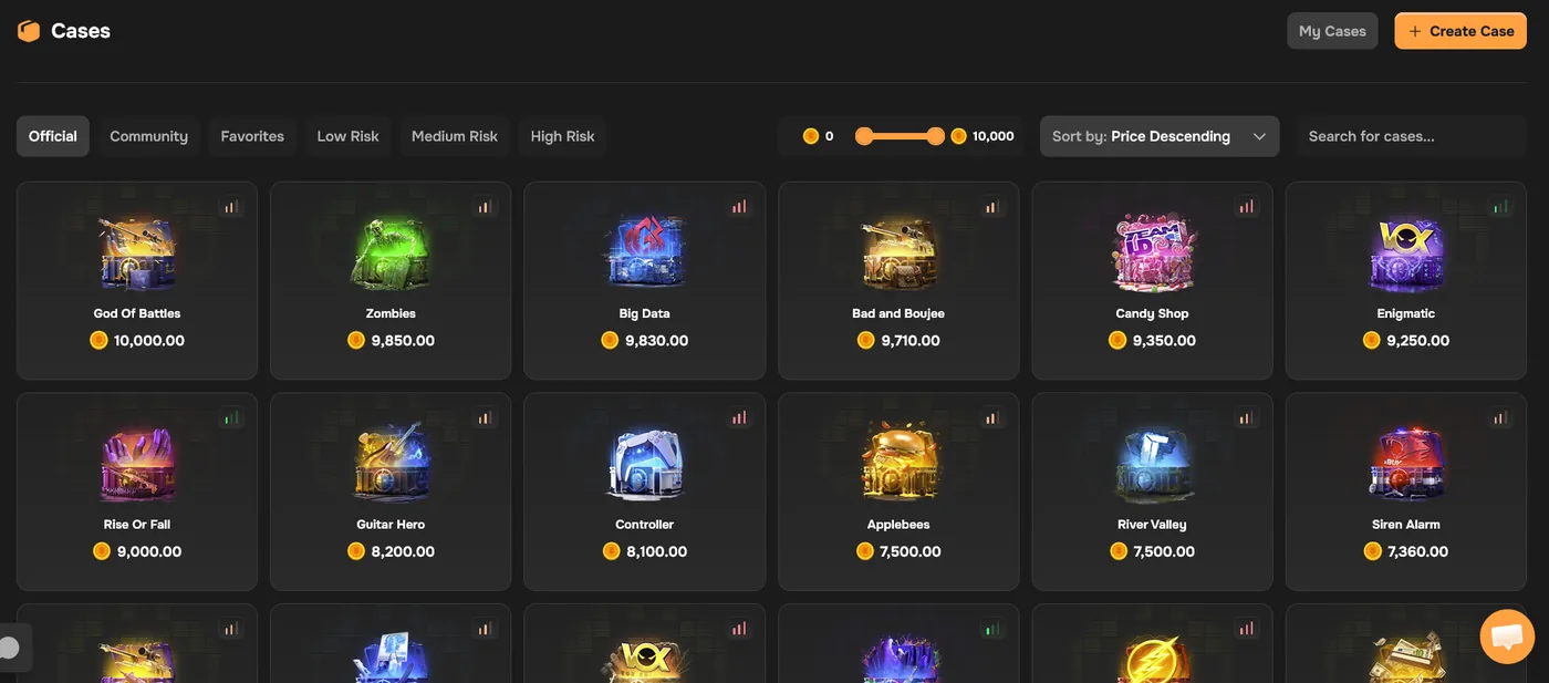 CSBattle case opening page showing CS2 cases and drop odds