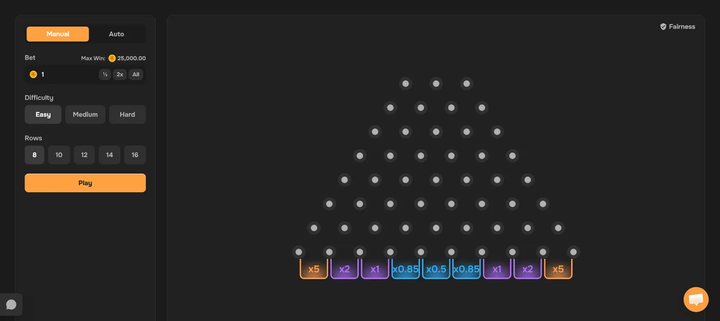 CSBattle Plinko board dropping a chip through pegs into multiplier slots