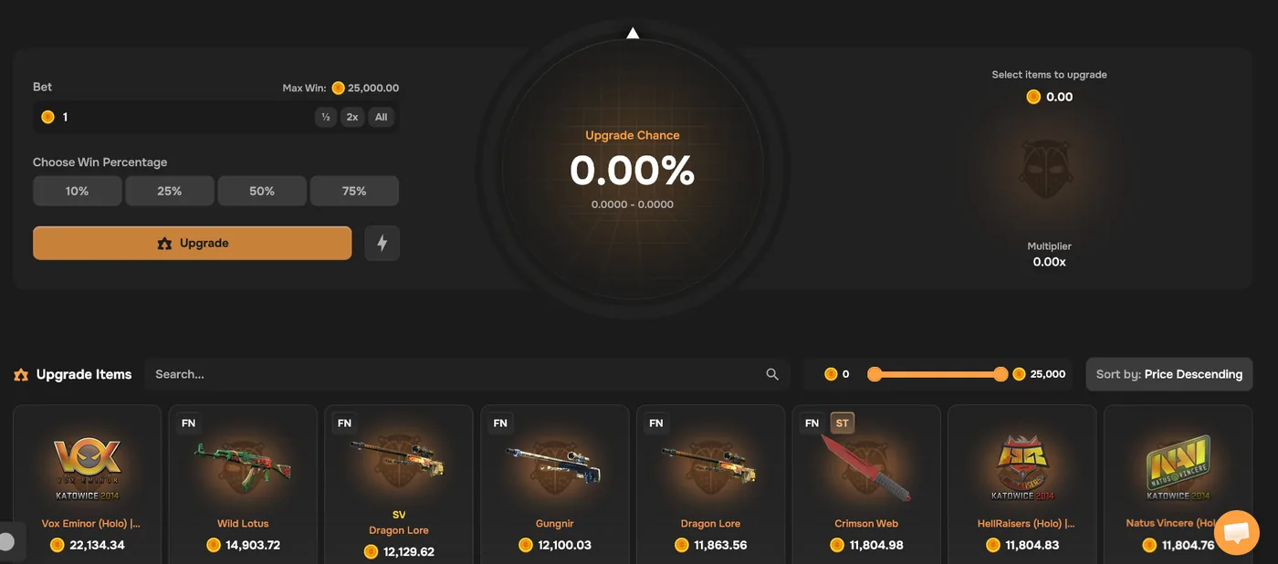 CSBattle Upgrader gambling a skin or balance toward a higher-value item