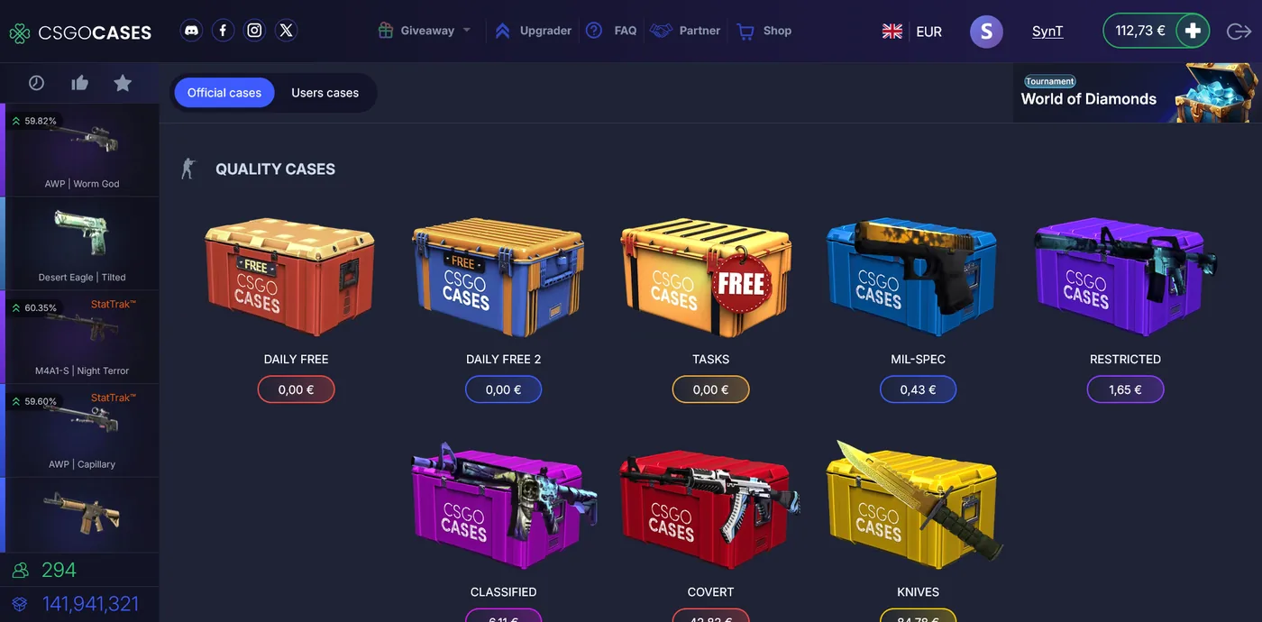CSGOCASES clean case opening page showing CS2 cases