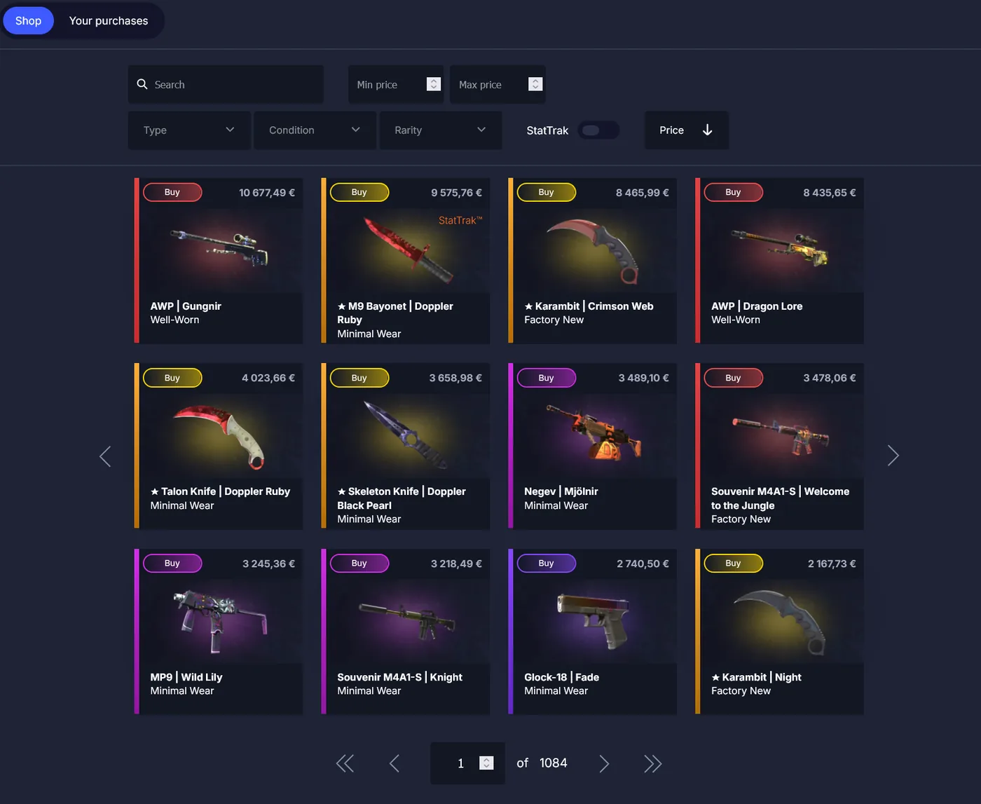 CSGOCASES skin shop for browsing and buying CS2 items directly
