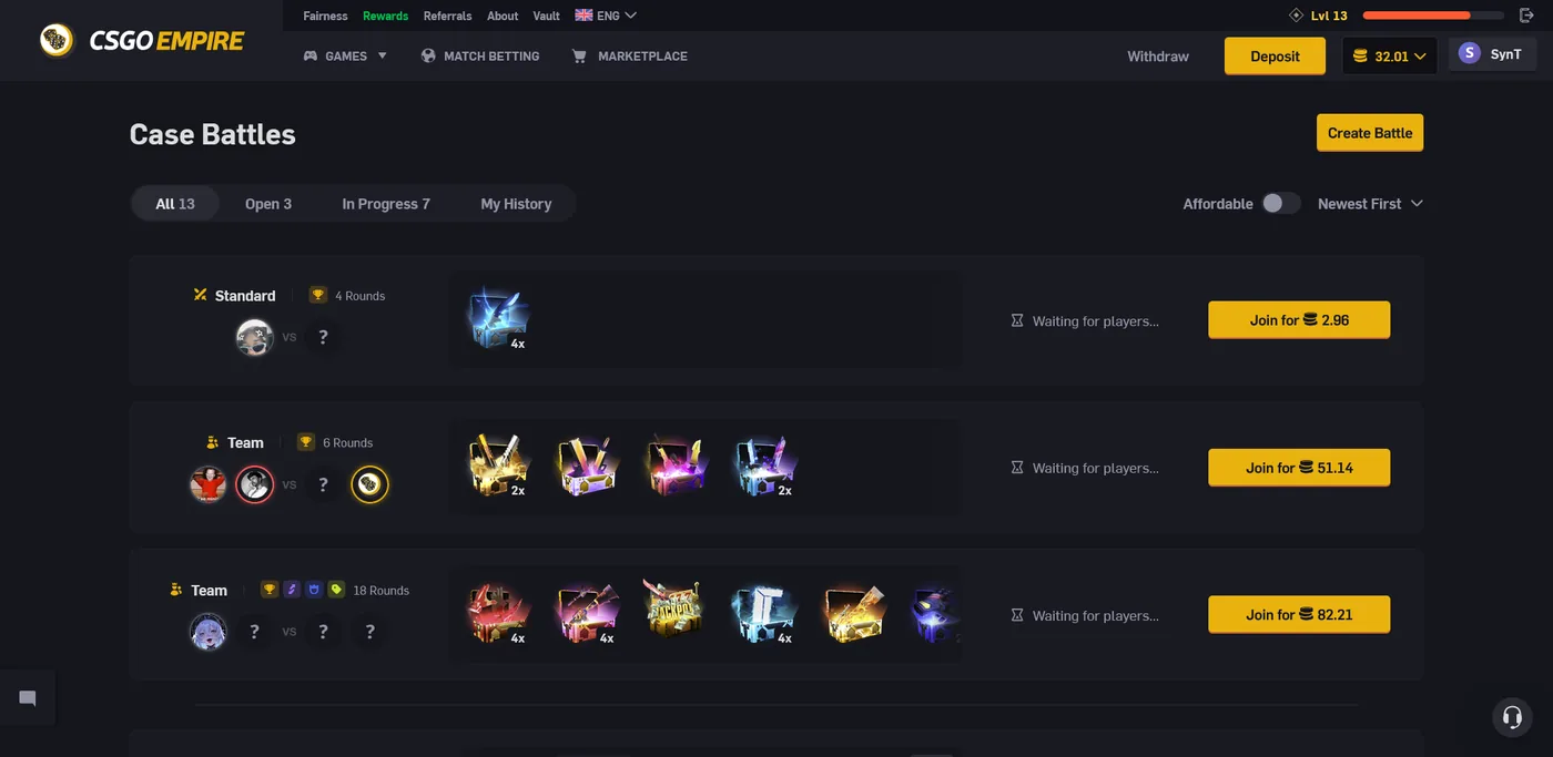 CSGOEmpire Case Battles mode where multiple players open identical cases and the highest pull wins the pot