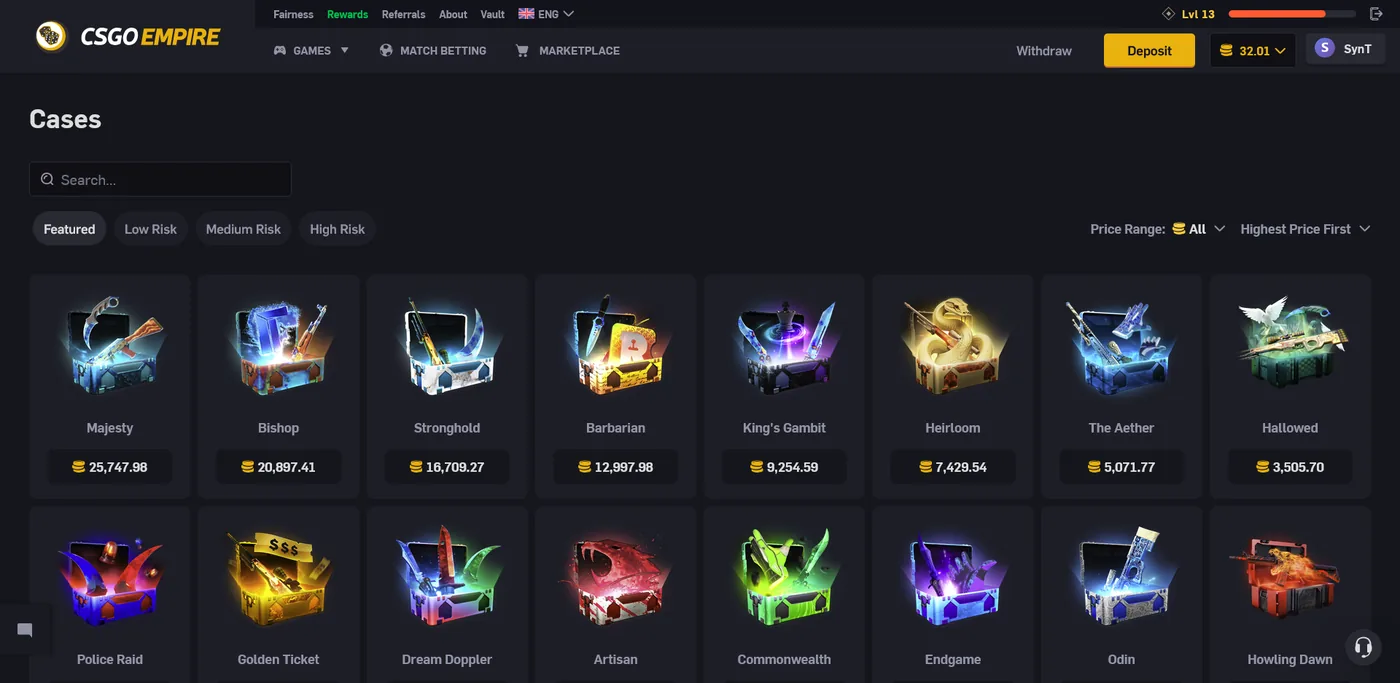 CSGOEmpire case opening screen displaying CS2 skin cases and their odds