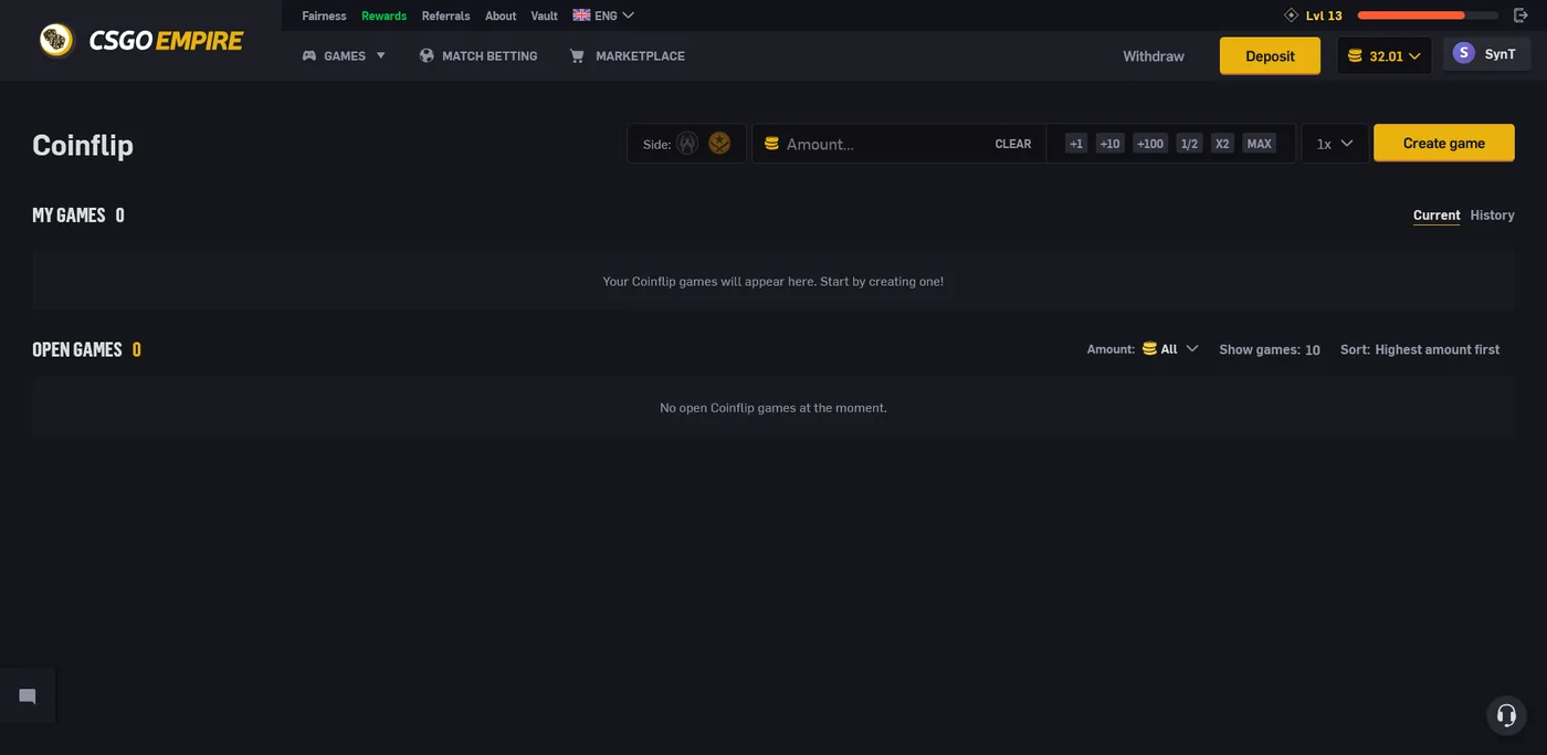 CSGOEmpire coinflip lobby showing head-to-head skin duels between two players