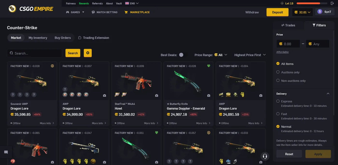 CSGOEmpire peer-to-peer skin marketplace listing Counter-Strike items for sale