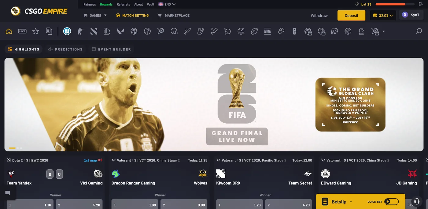 CSGOEmpire match betting sportsbook showing live Dota 2 and Valorant esports matches with odds and a betslip