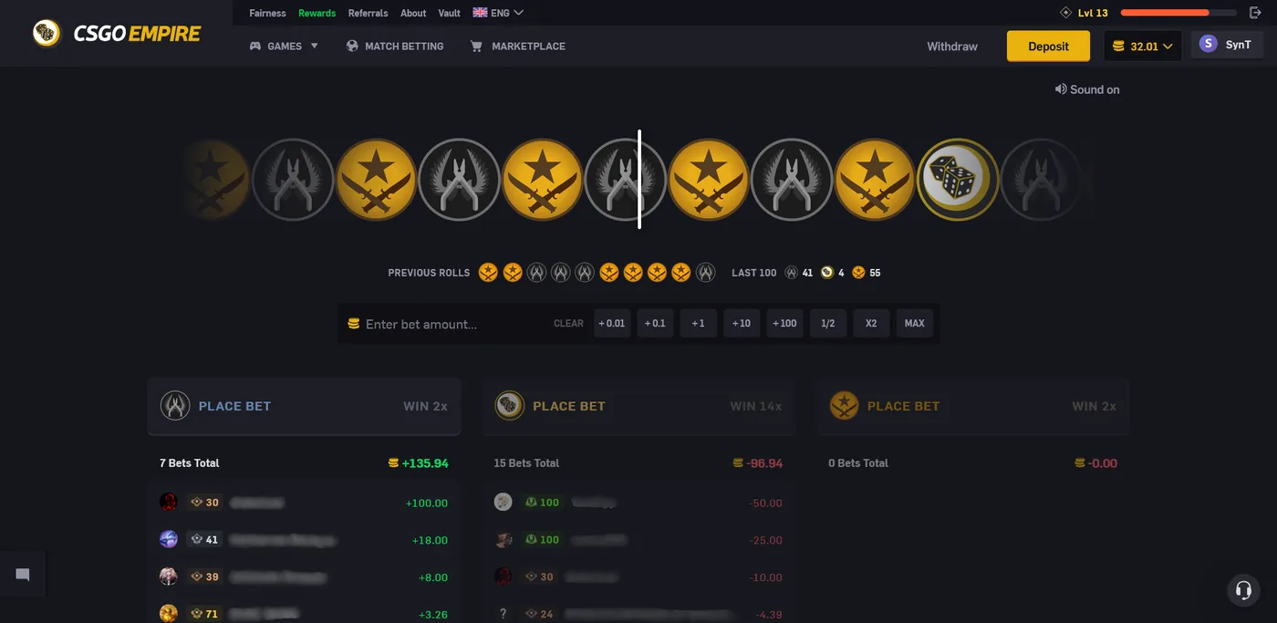 CSGOEmpire roulette wheel showing Counter-Strike themed tiles with 2x and 14x betting columns and a live player bet feed