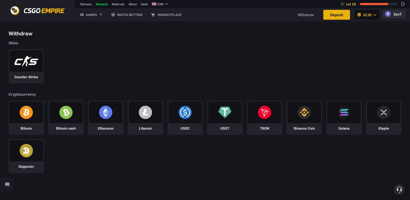 CSGOEmpire withdrawal page showing Counter-Strike skin payout plus eleven cryptocurrency options including Bitcoin, Ethereum, Solana and Ripple