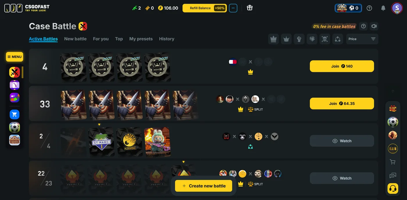 CSGOFast Case Battles mode with players opening identical cases