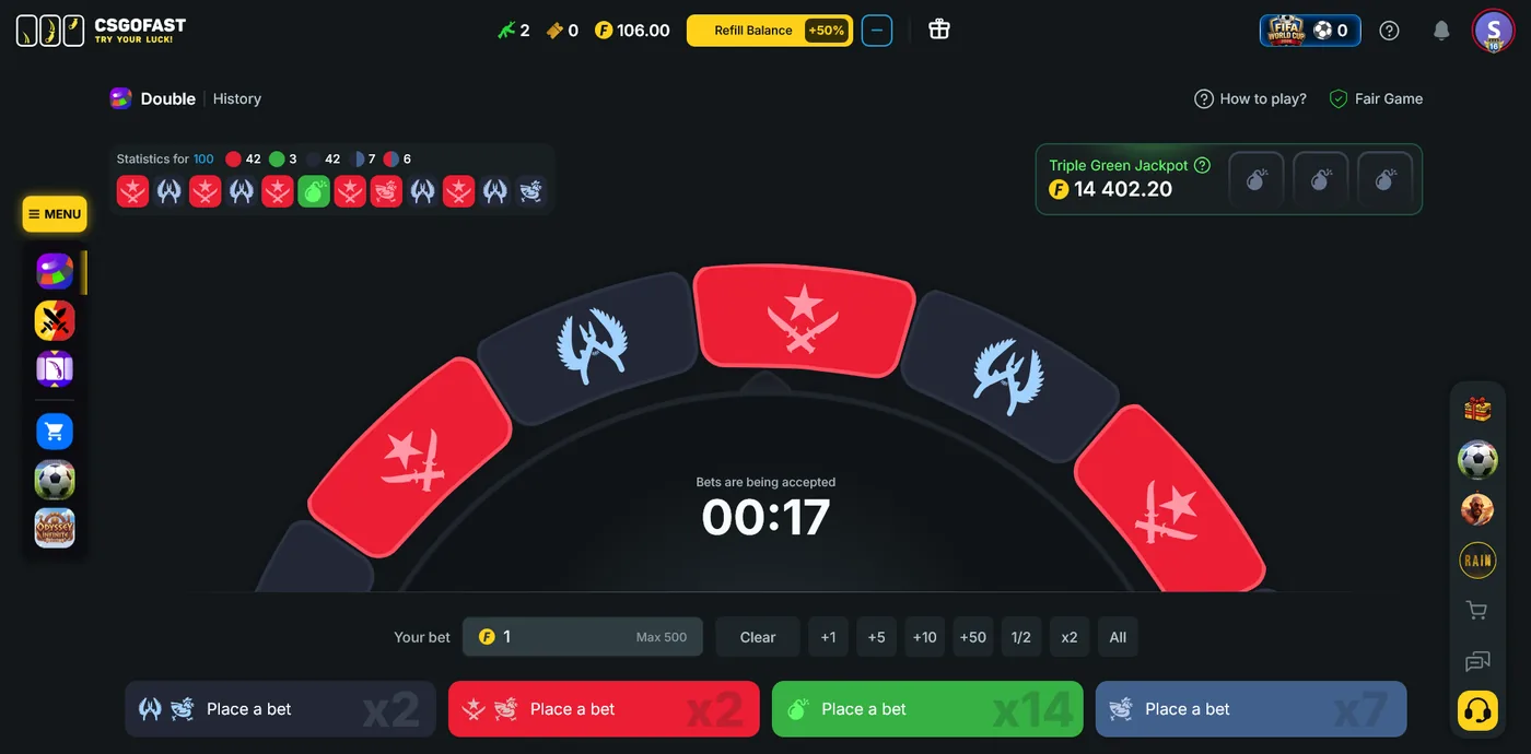 CSGOFast Double game, a roulette-style colour betting wheel