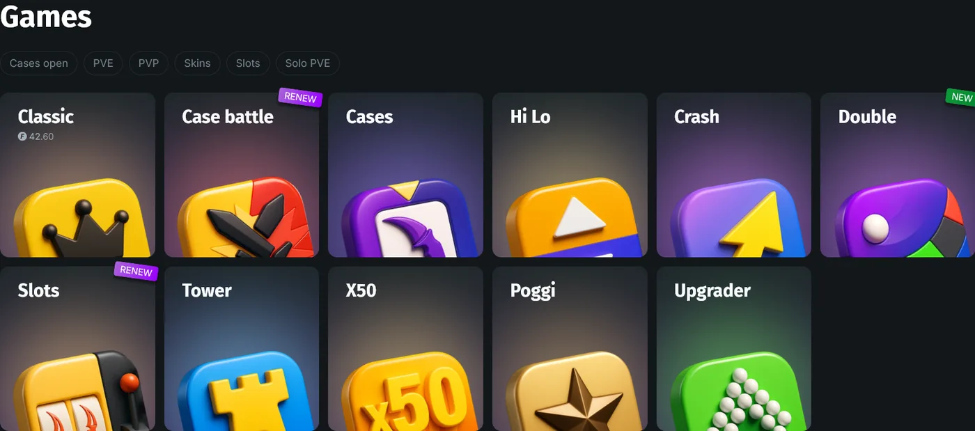 CSGOFast games menu showing its wide range of classic CS2 gambling modes