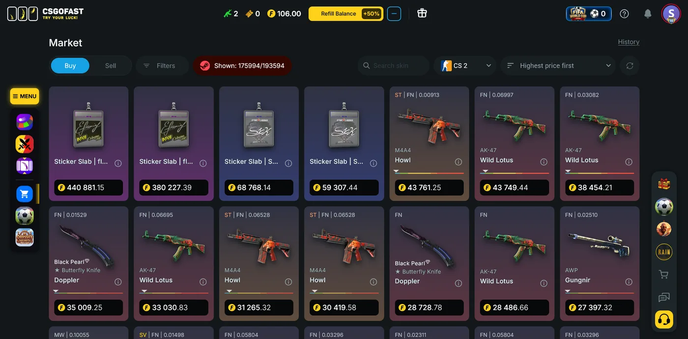 CSGOFast skin market for buying and selling CS2 items against your balance