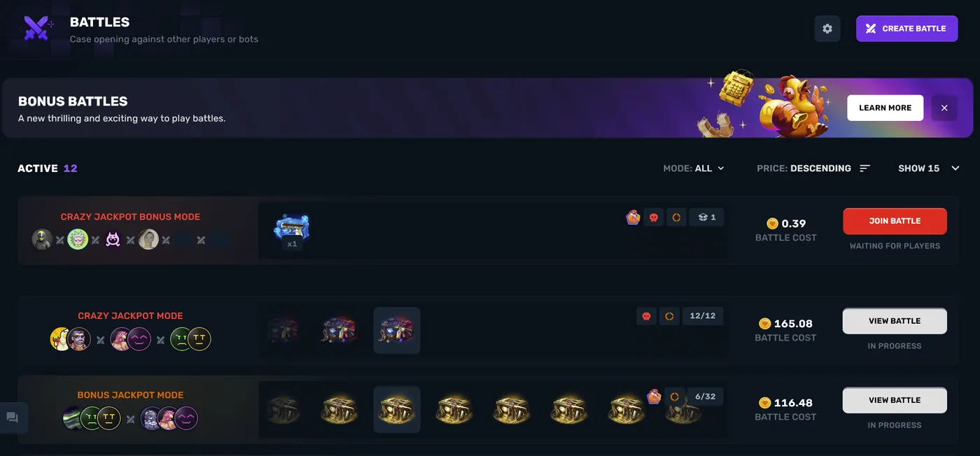 CSGOGem Case Battles mode with players opening identical cases