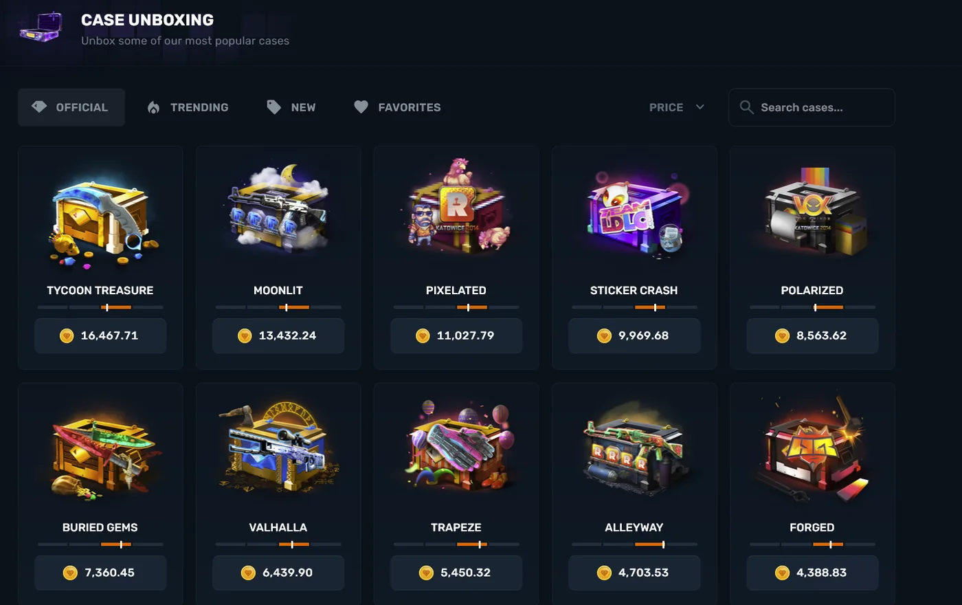 CSGOGem case opening page showing CS2 cases and their odds