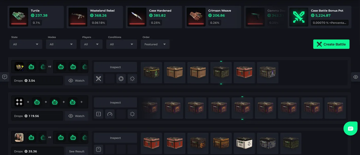CSGOLuck Case Battles mode with players opening identical cases