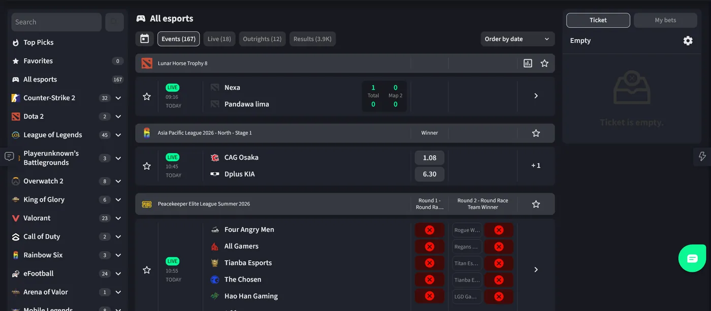 CSGOLuck esports betting section with live CS2 match markets
