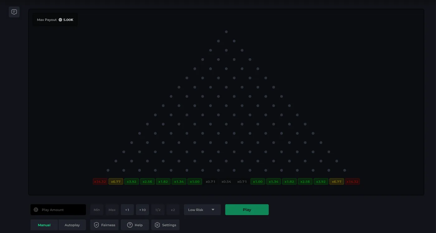 CSGOLuck Plinko board dropping a chip through pegs into multiplier slots