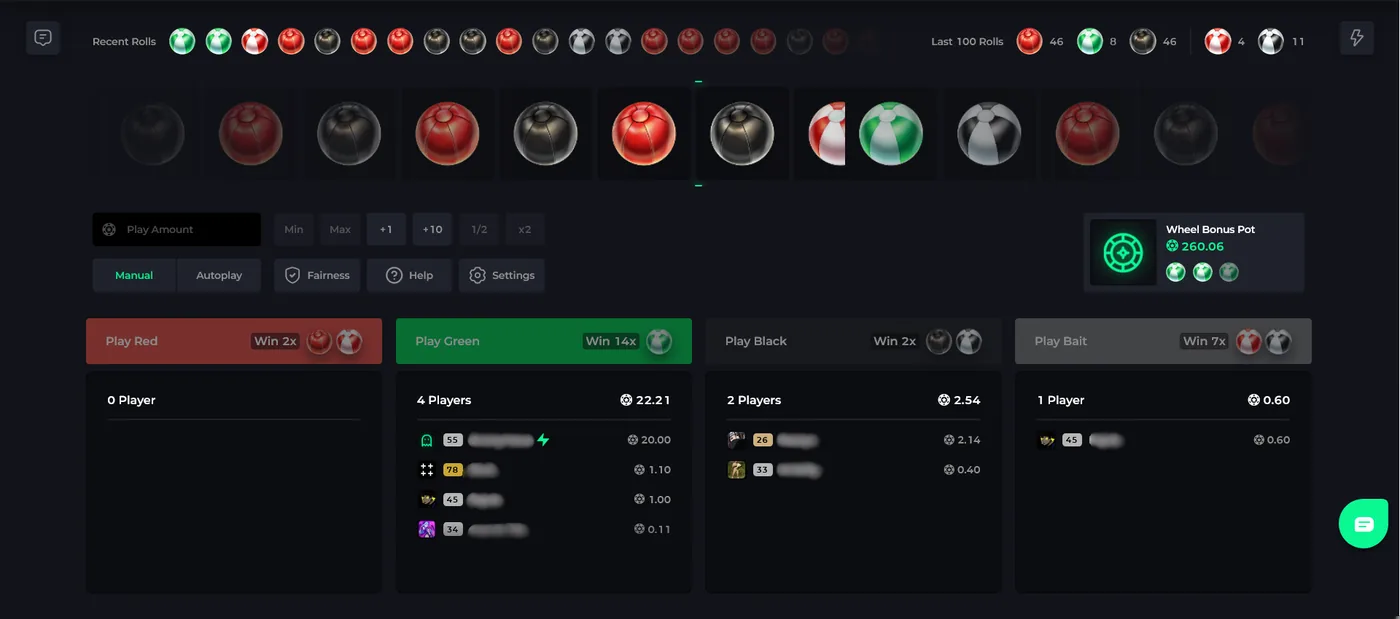 CSGOLuck Wheel of Fortune where players bet on which multiplier segment the wheel stops on