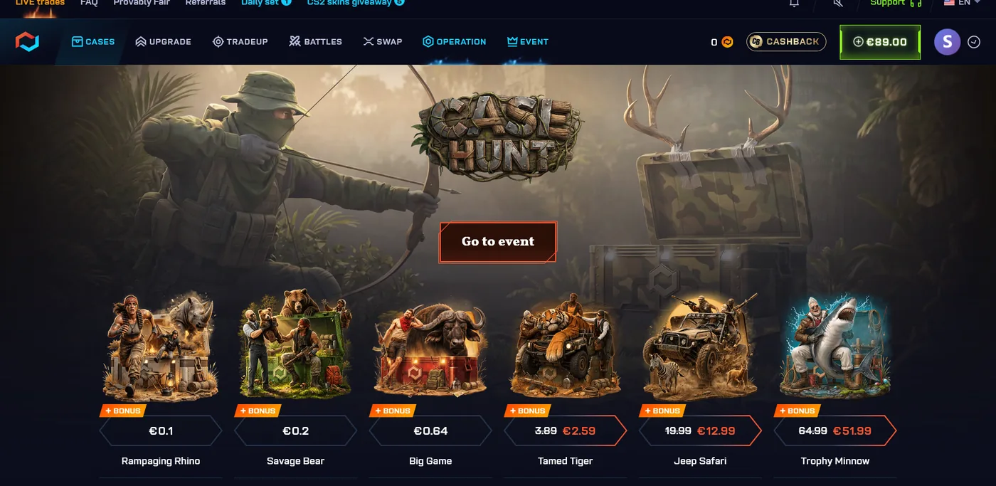 CSGO.net case opening page showing CS2 cases and their contents