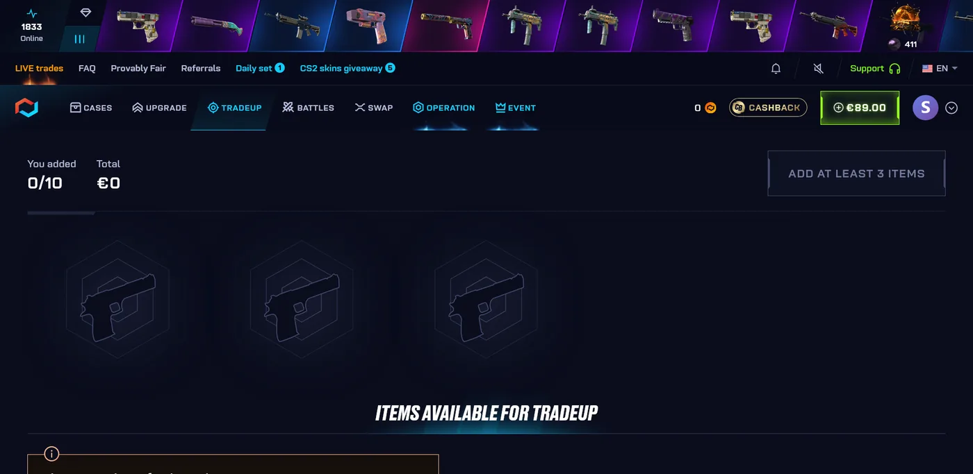 CSGO.net Trade-up feature combining several skins into a higher-value item