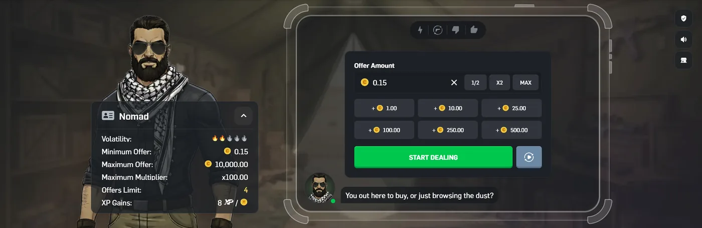 CSGORoll Arms Dealer interface for buying and selling CS2 skins against your balance