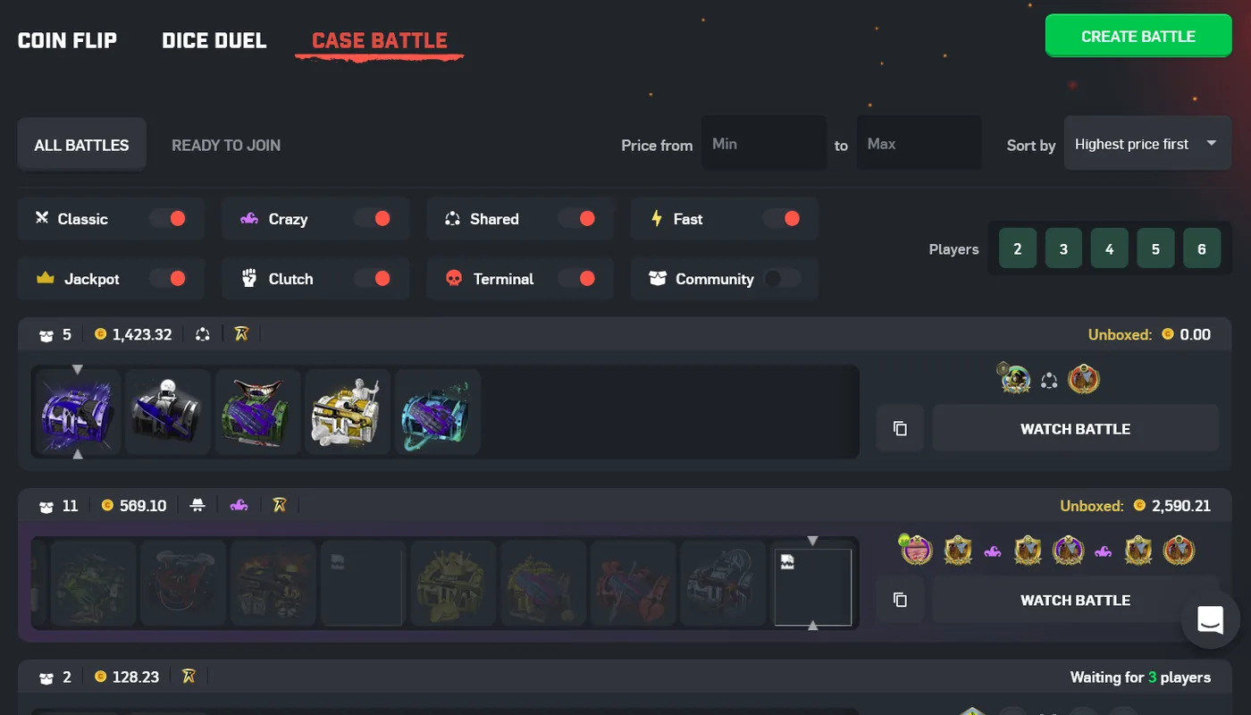 CSGORoll Case Battles mode with multiple players opening identical cases in the Case Royale format