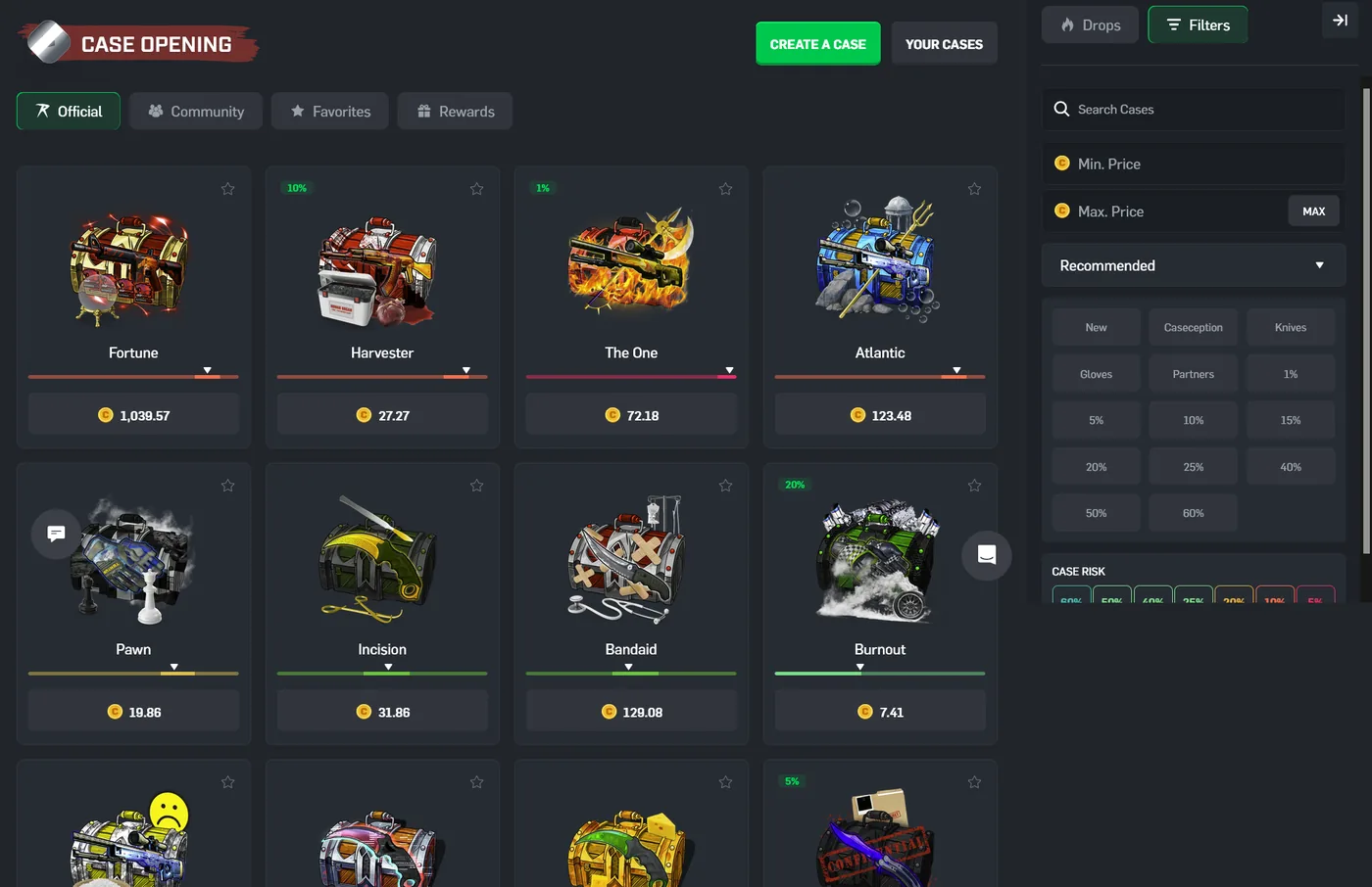 CSGORoll case opening screen showing CS2 skins and their drop odds