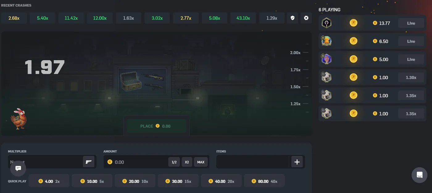 CSGORoll Crash game showing the rising multiplier before it busts