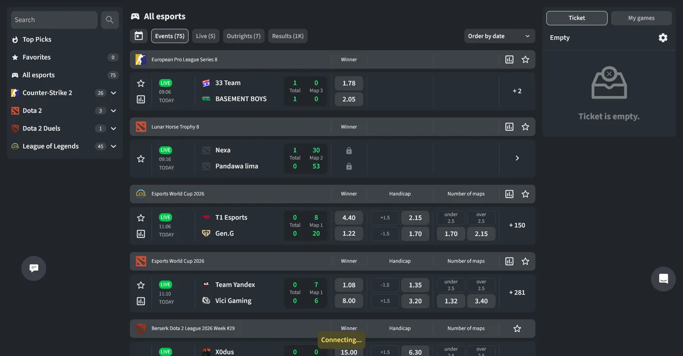 CSGORoll esports betting section with live CS2 match markets