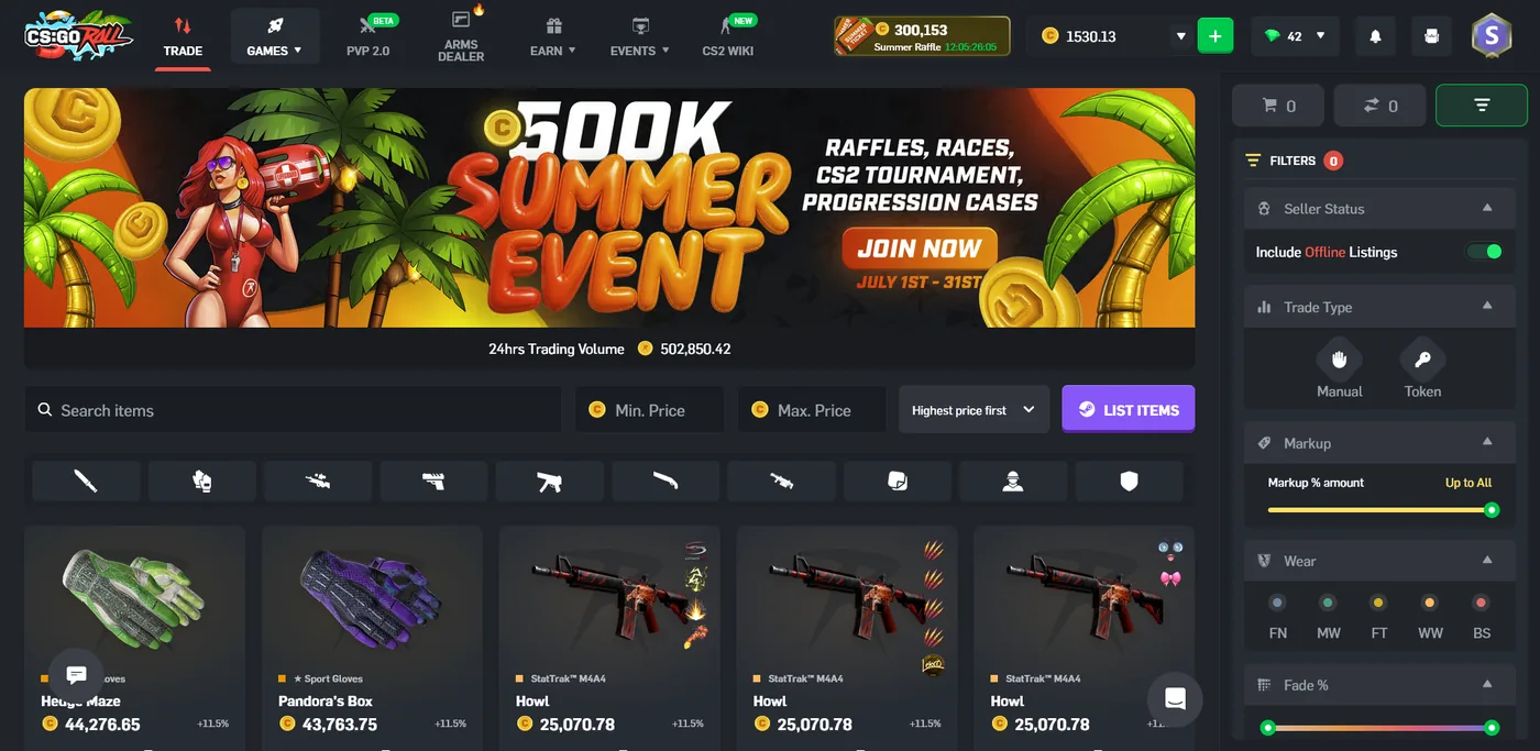 CSGORoll trade-up contract combining lower-value skins into a chance at a higher-tier item