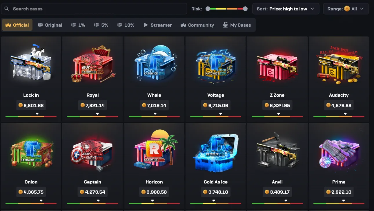 CSGOWin case opening page showing CS2 cases and their contents