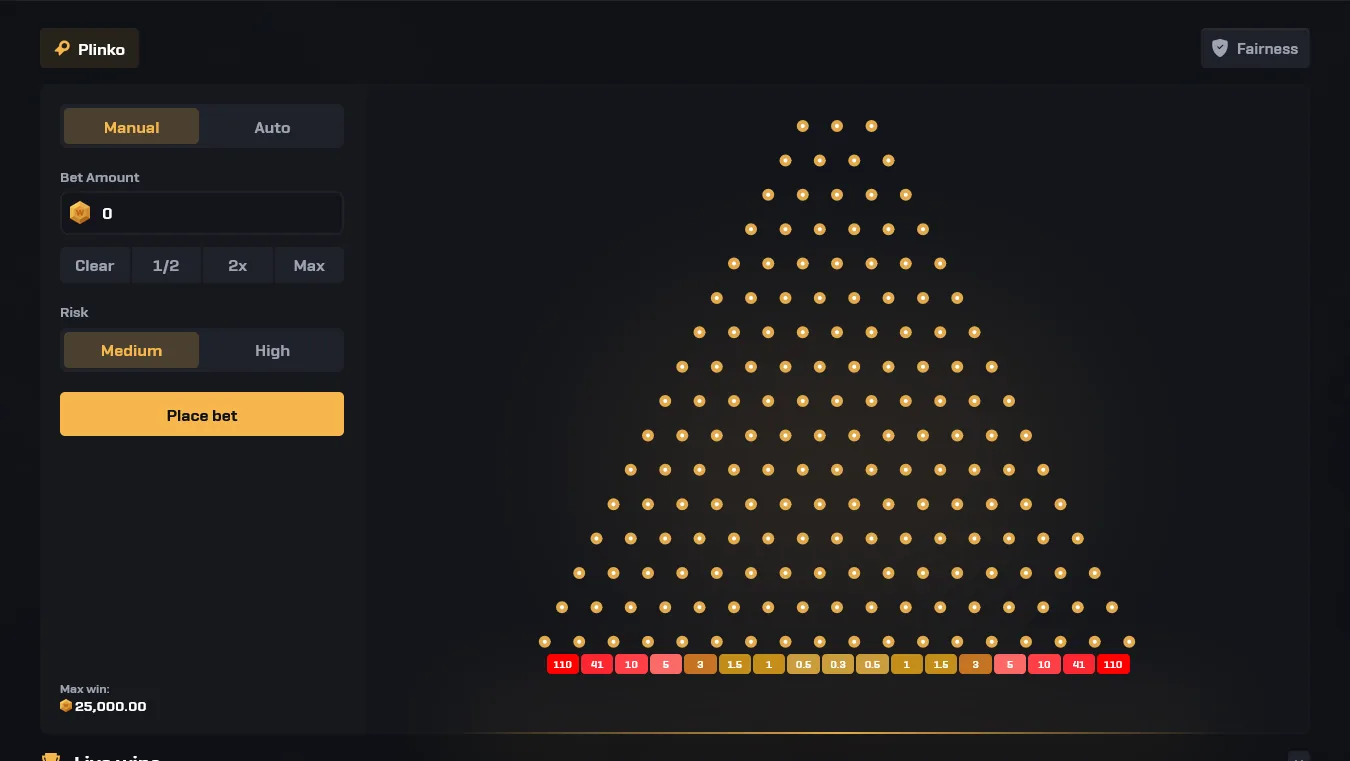 CSGOWin Plinko board dropping a chip through pegs into multiplier slots